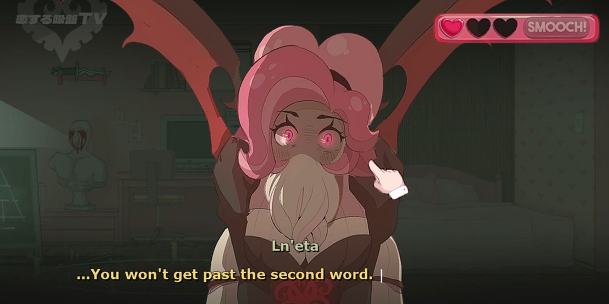 Ln’eta avertit le joueur qu'il ne dépassera pas le deuxième mot dans Sucker For Love: First Date