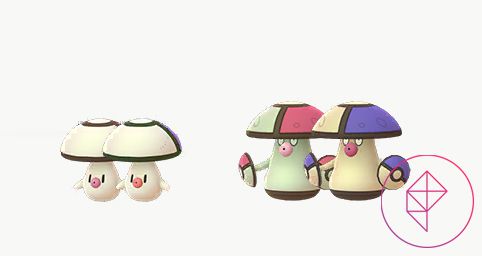 Une comparaison de Foongus normal et shiny ainsi qu'Amoongus dans Pokémon Go. Les deux versions shiny ont une casquette violette au lieu de rouge.