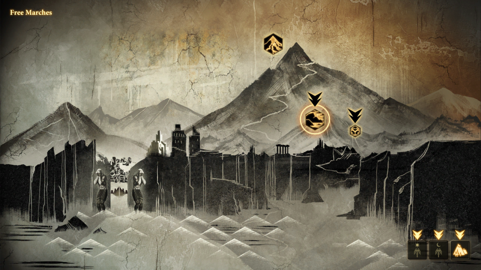 Un'illustrazione laterale di una città murata con una montagna sullo sfondo. È Kirkwall da Dragon Age 2.