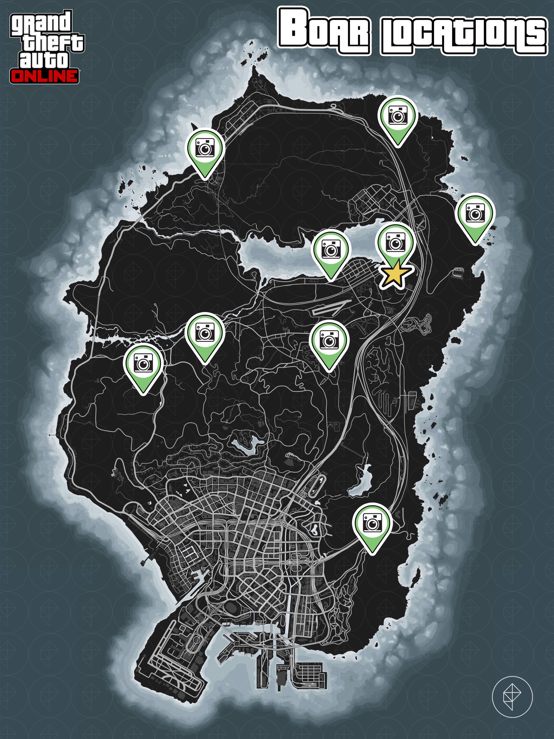 Carte de GTA Online montrant les emplacements des sangliers