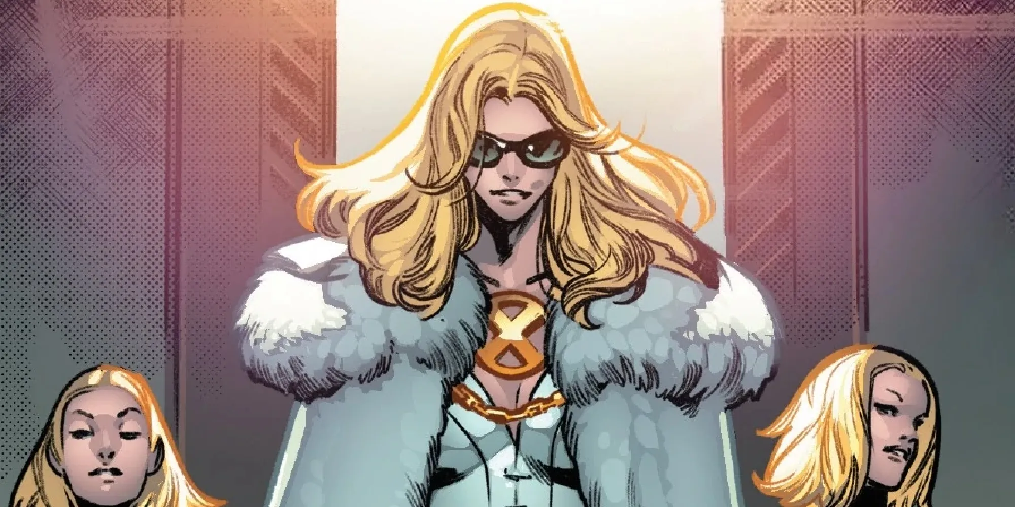 Emma Frost wearing shades and walking beside two blonde women in the comics