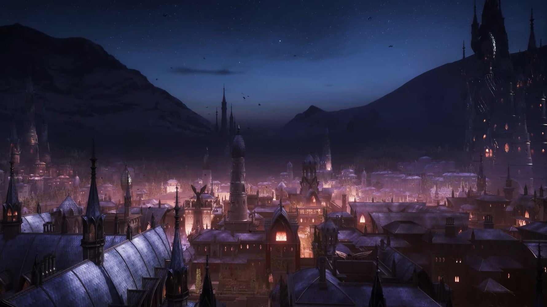 Capture d'écran du teaser de Dragon Age: Dreadwolf montrant la ville portuaire de Treviso baignée dans la lumière du soir.