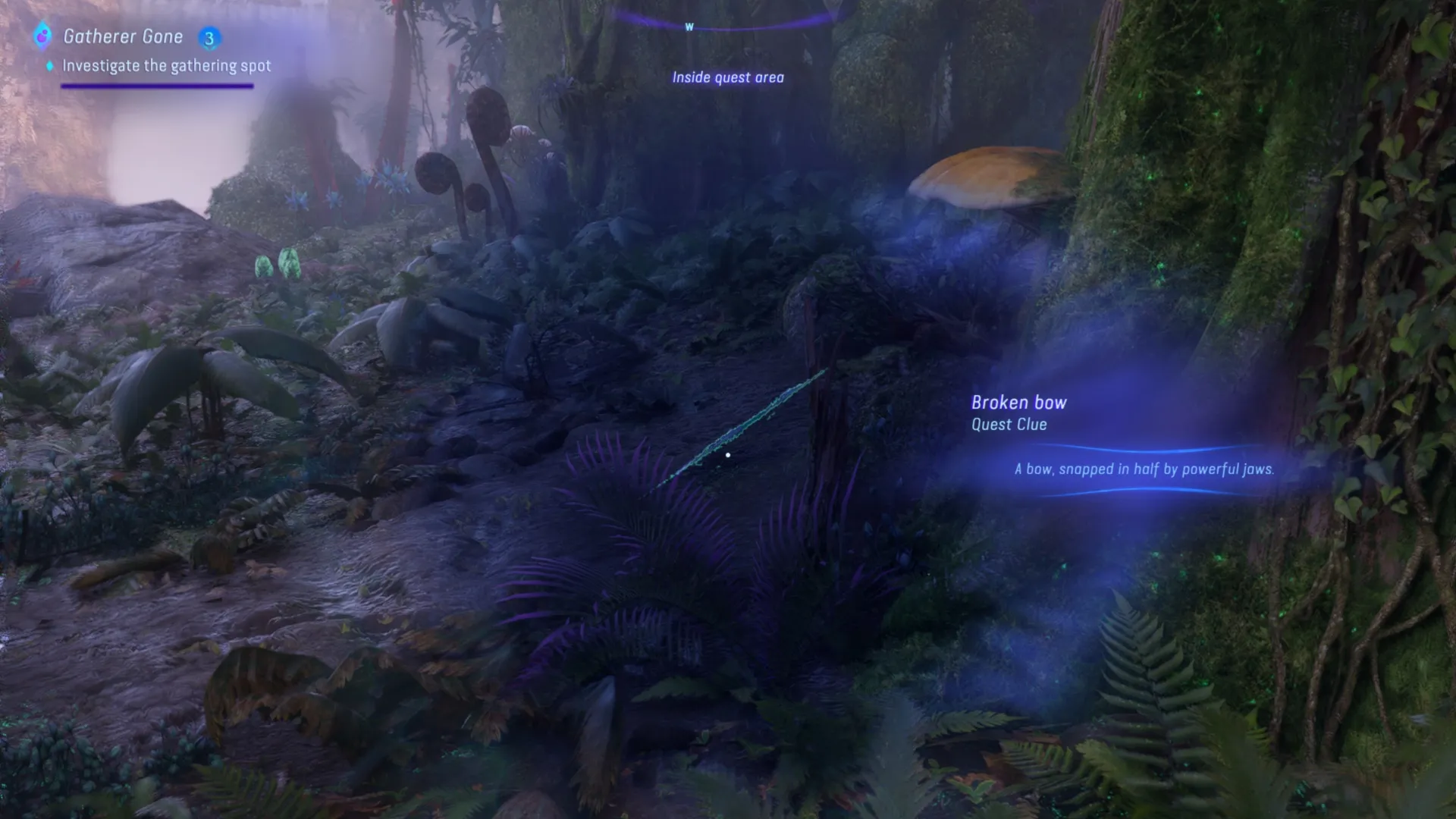 Улика в виде сломанного лука, найденная на земле в квесте Пропавший Сборщик в игре Аватар: Пограничье Пандоры.