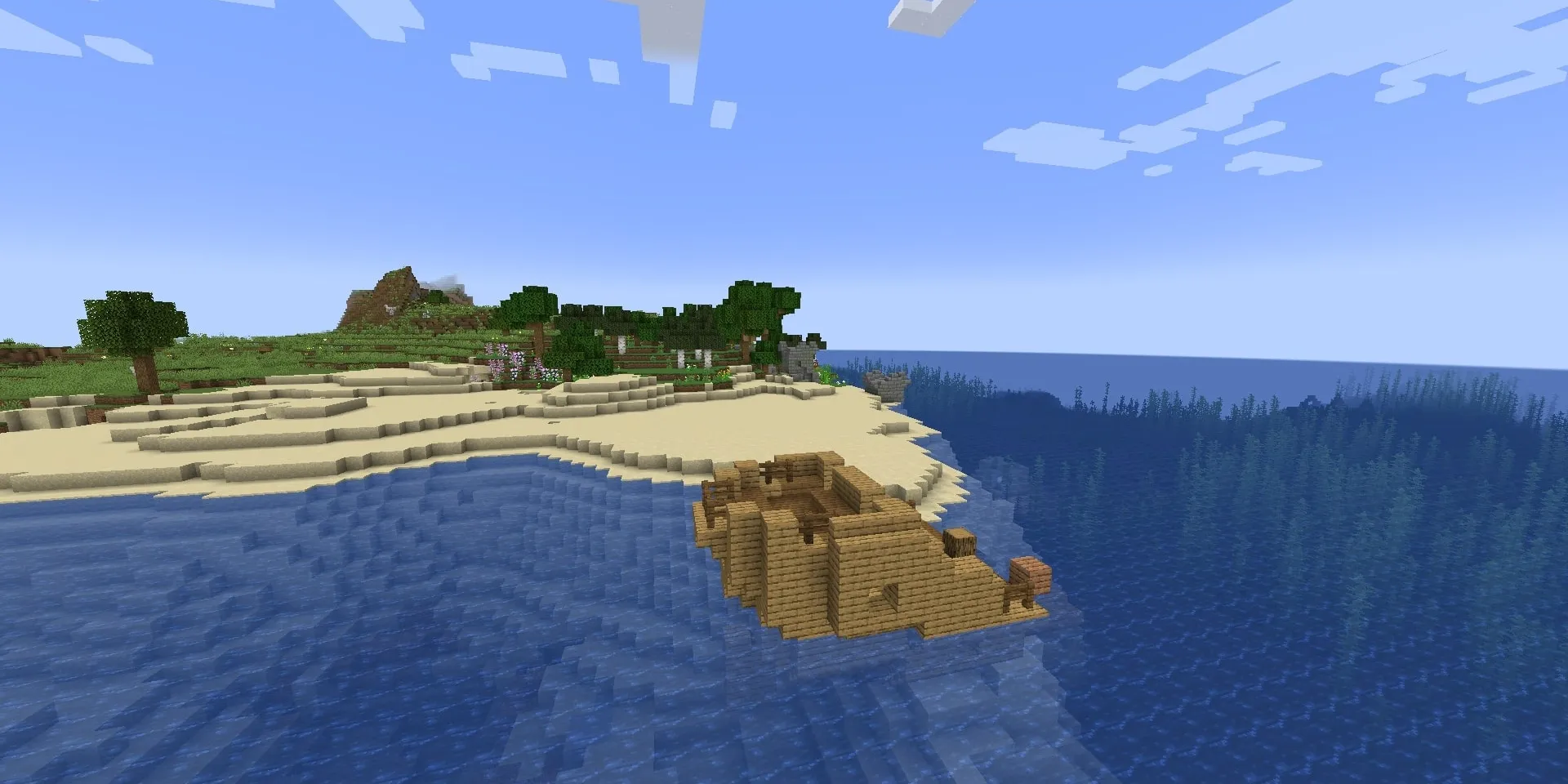 Bateau coulé sur une île avec des ruines sous-marines et une plage
