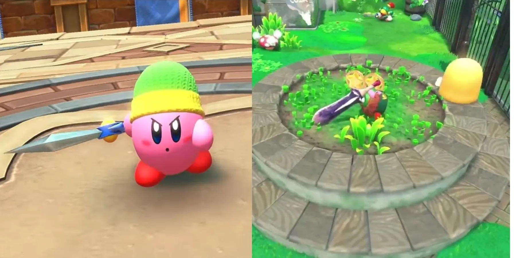 Kirby utilisant l'épée de base et l'épée géante dans Kirby et la Terre Oubliée