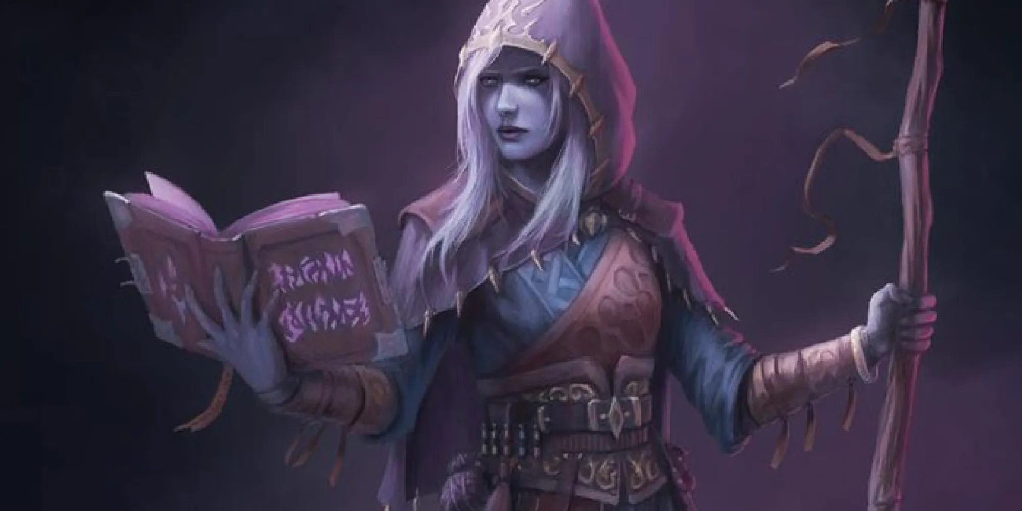 A spellcaster looking into their spellbook, the cover glowing with purple runes.