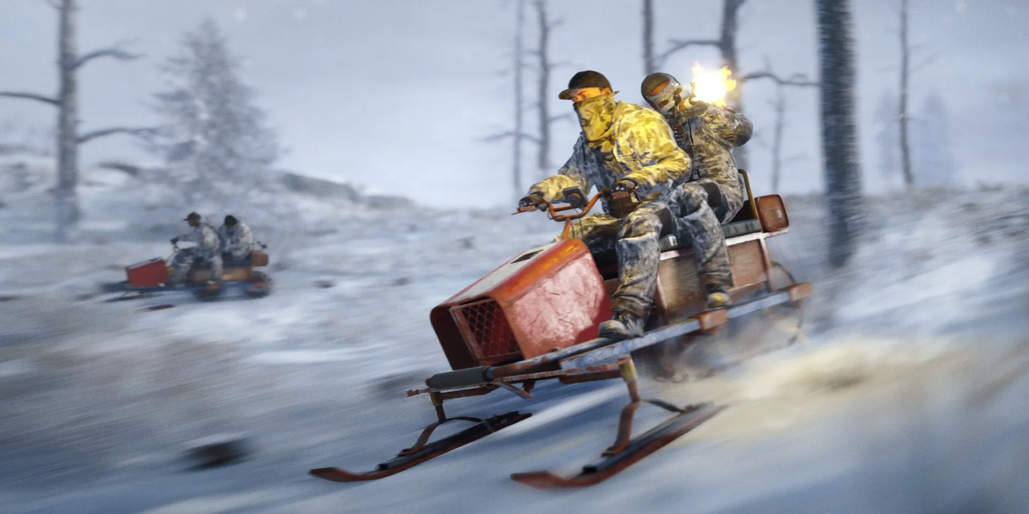 Jugador montando una moto de nieve para cazar enemigos