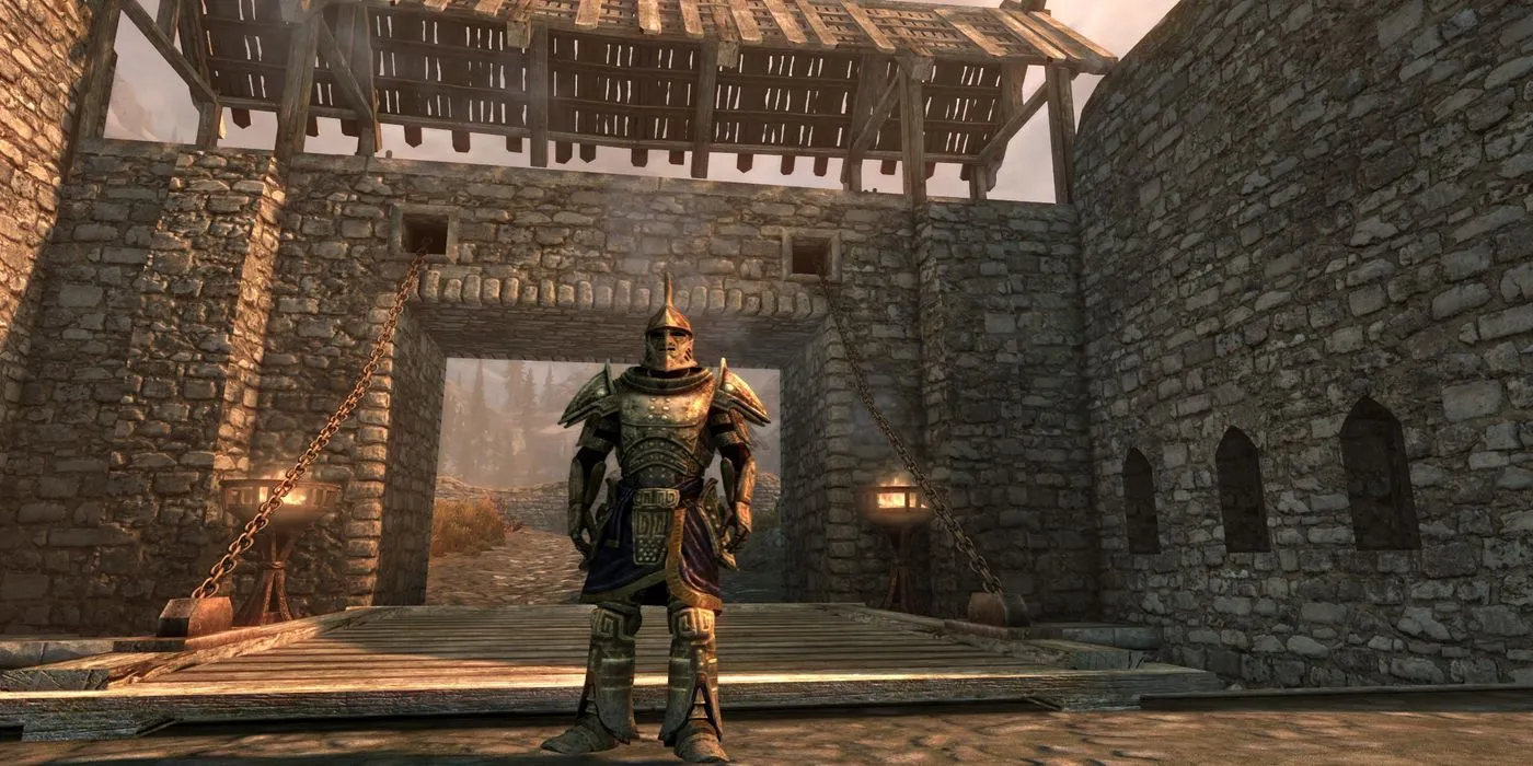 Jugador de Skyrim con armadura pesada
