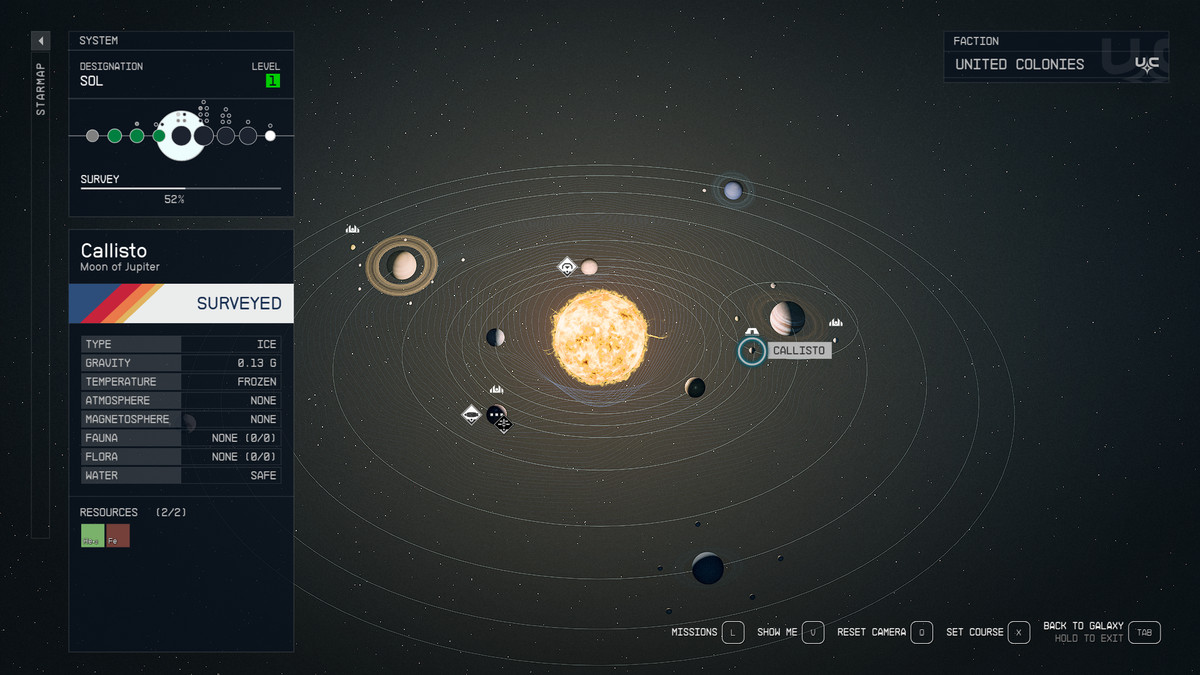 Снимок системы, показывающий Каллисто и Ио в Starfield