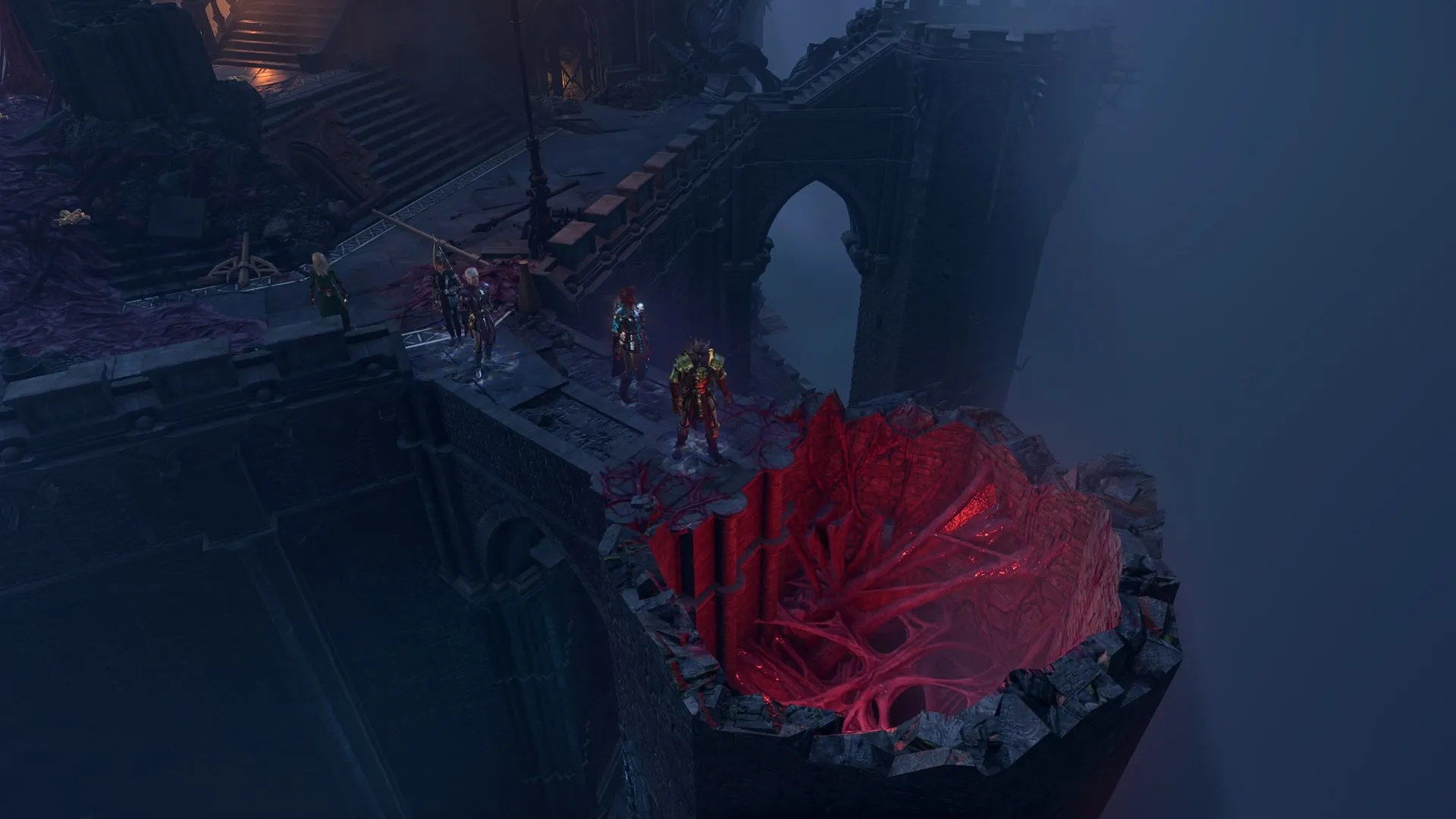 Les personnages de Baldur's Gate 3 debout devant l'entrée de la Tour Creuse.
