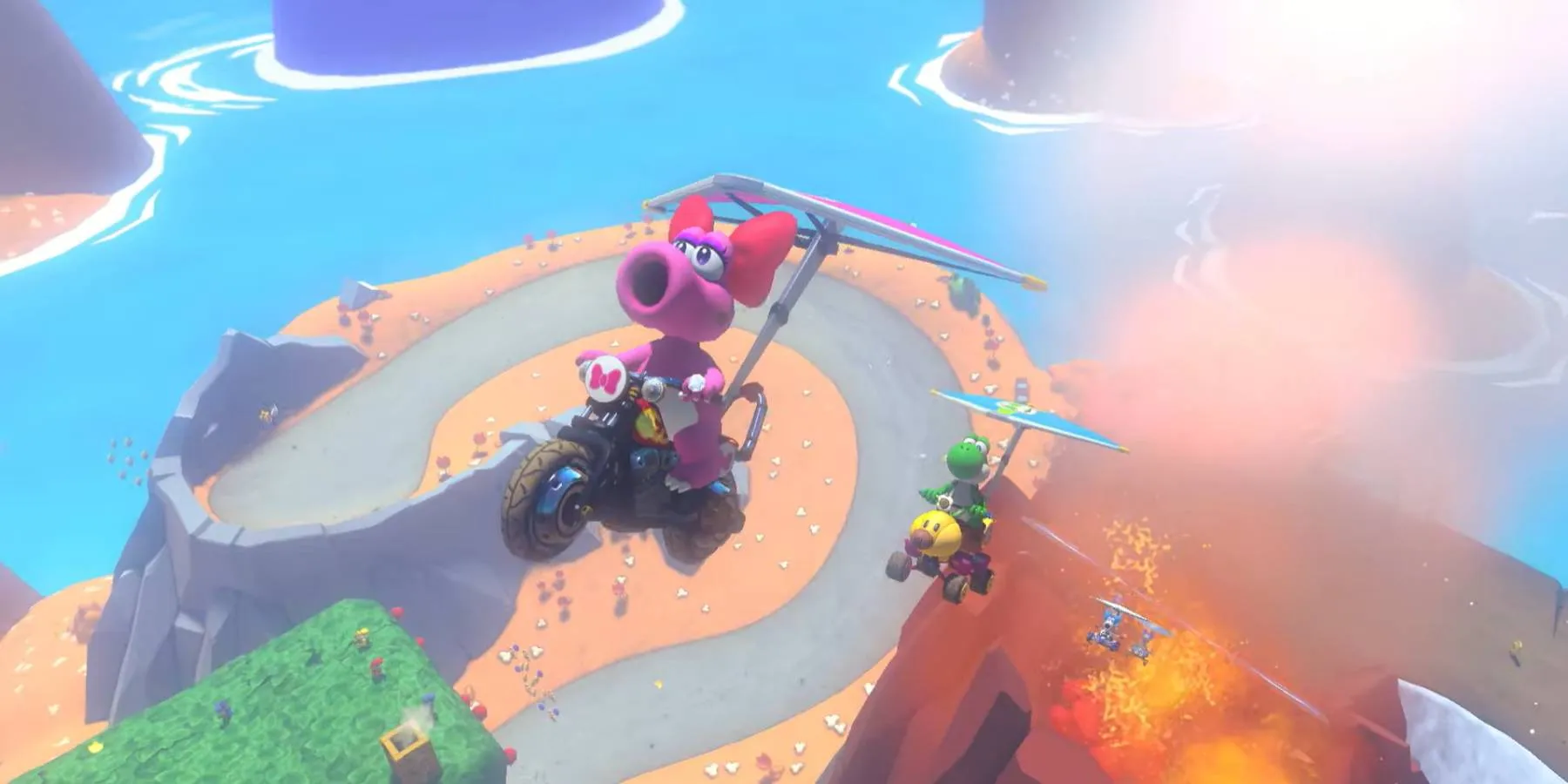 Birdo leading a race out of a volcano in Mario Kart 8 Deluxe
