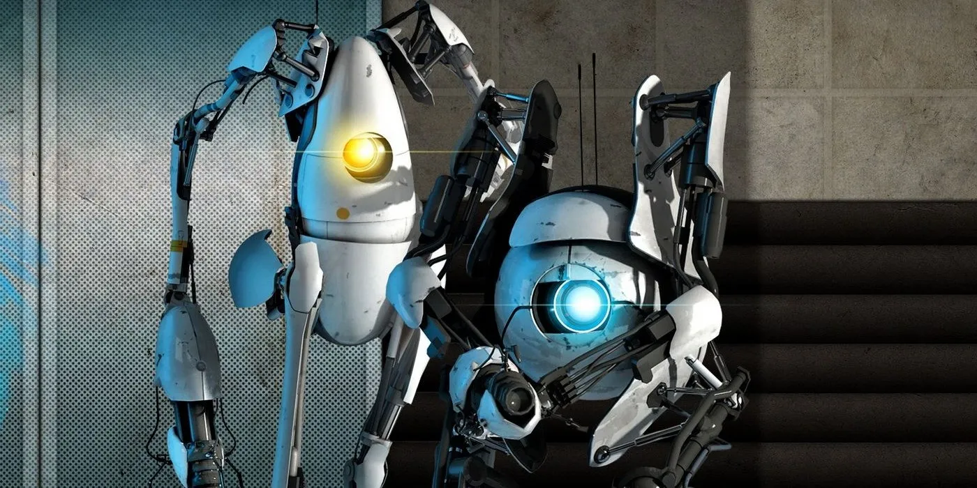 Portal 2合作模式中的角色站在一起