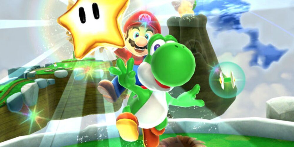 Mario e Yoshi segurando uma estrela