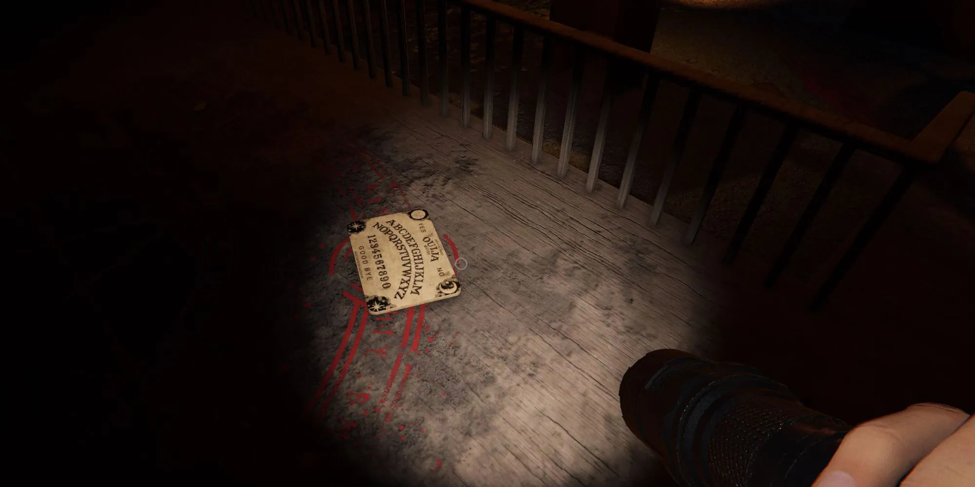 Image depicts a Ouija Board on the ground in the Chapel of Sunny Meadows in Phasmophobia.