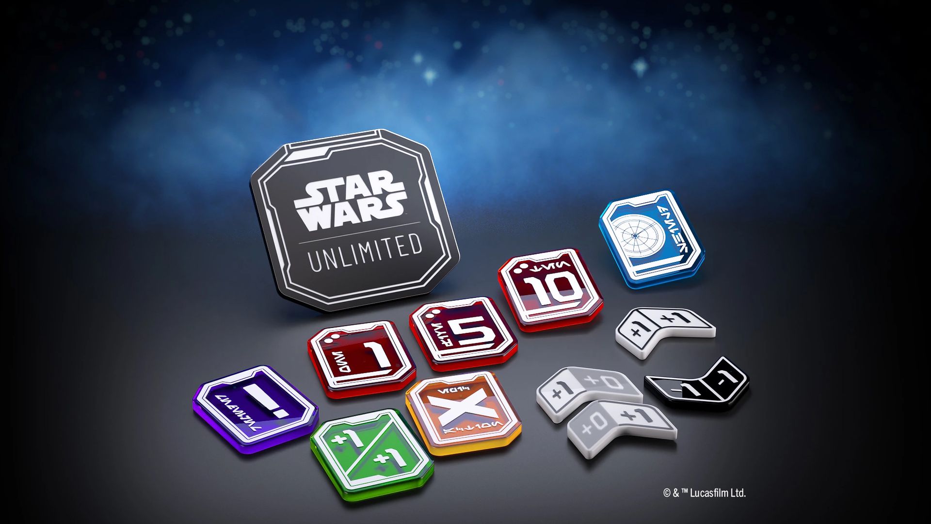 Arte clave mostrando ejemplos de las fichas acrílicas premium para Star Wars Unlimited