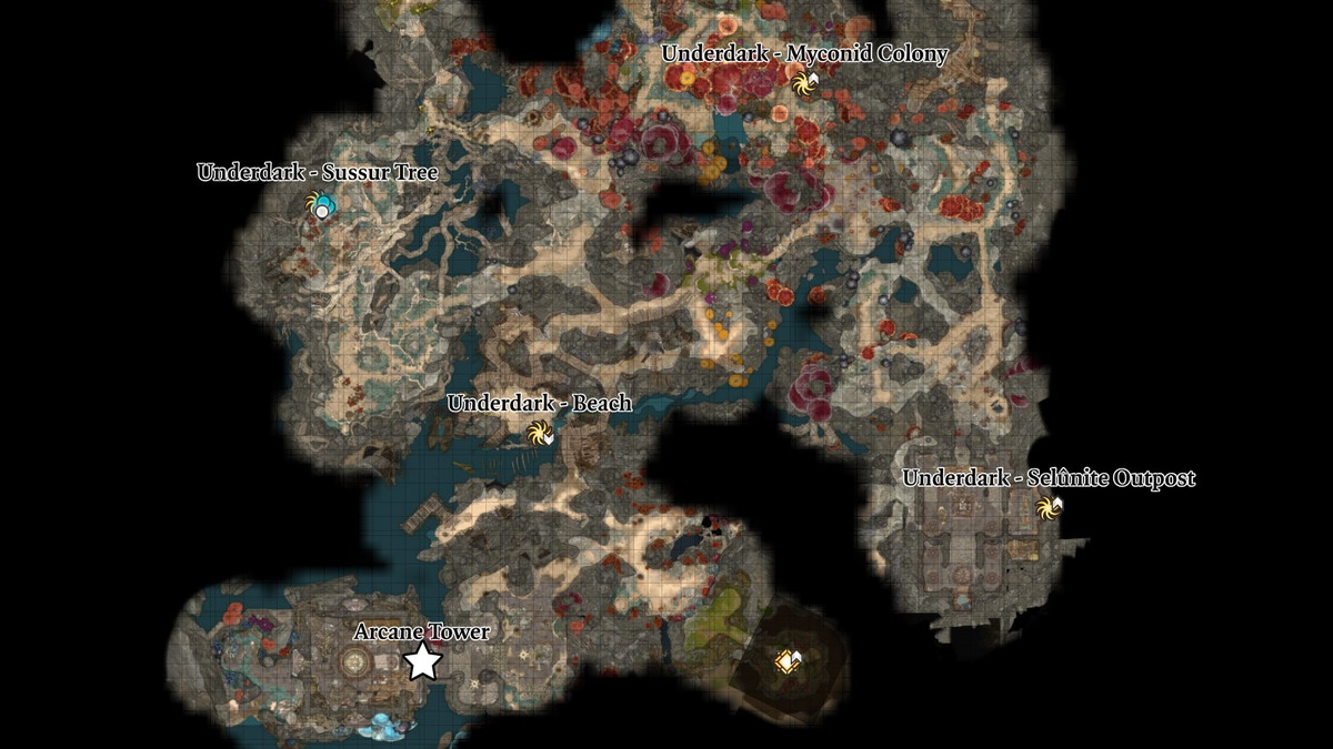 Localização da Torre Arcana marcada no mapa do Subterrâneo em Baldur’s Gate 3.