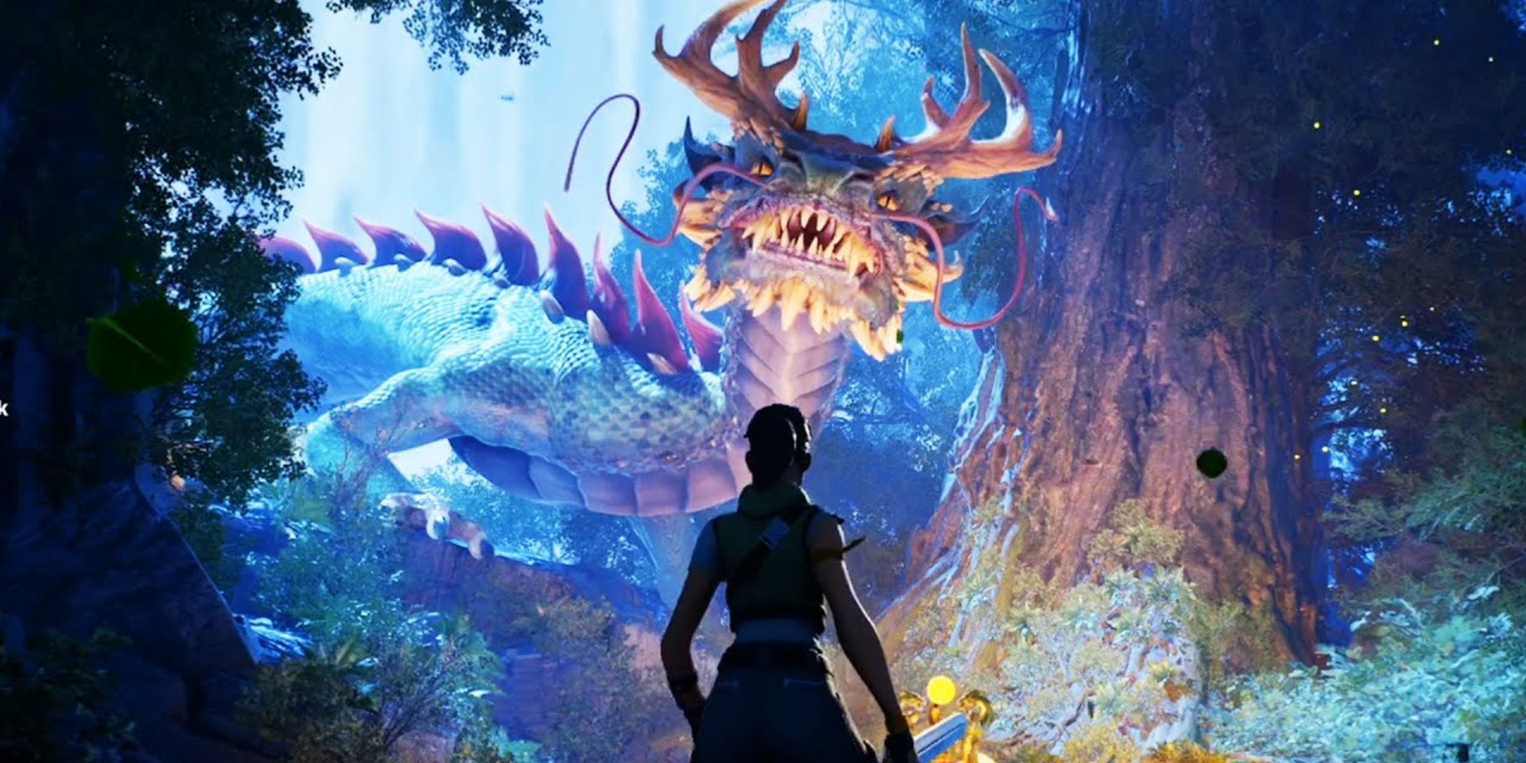 Personnage Fortnite contre un dragon dans UEFN Forest Guardian