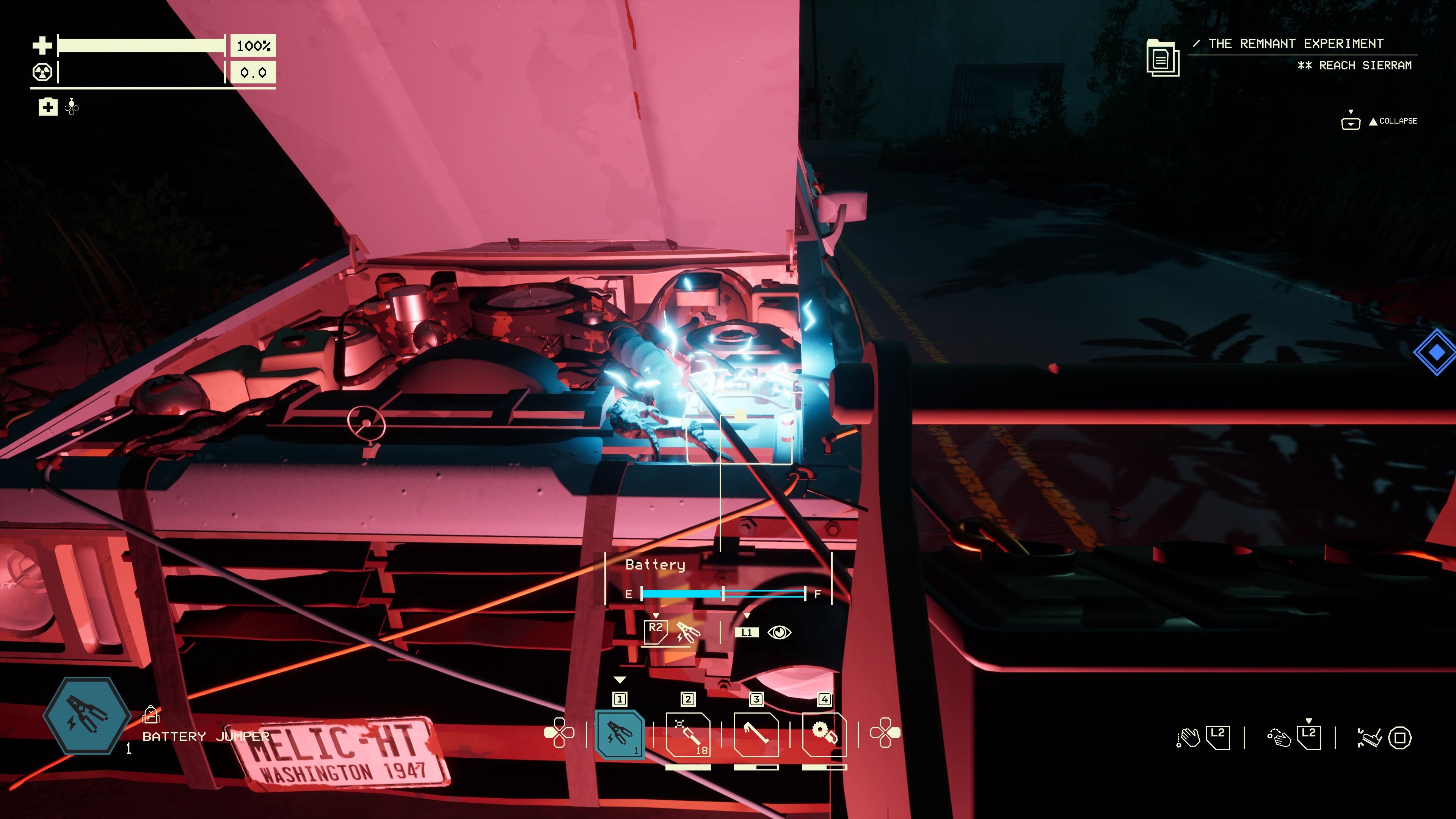 Player character using a Battery Jumper to recharge their car battery in the Zone at night in Pacific Drive