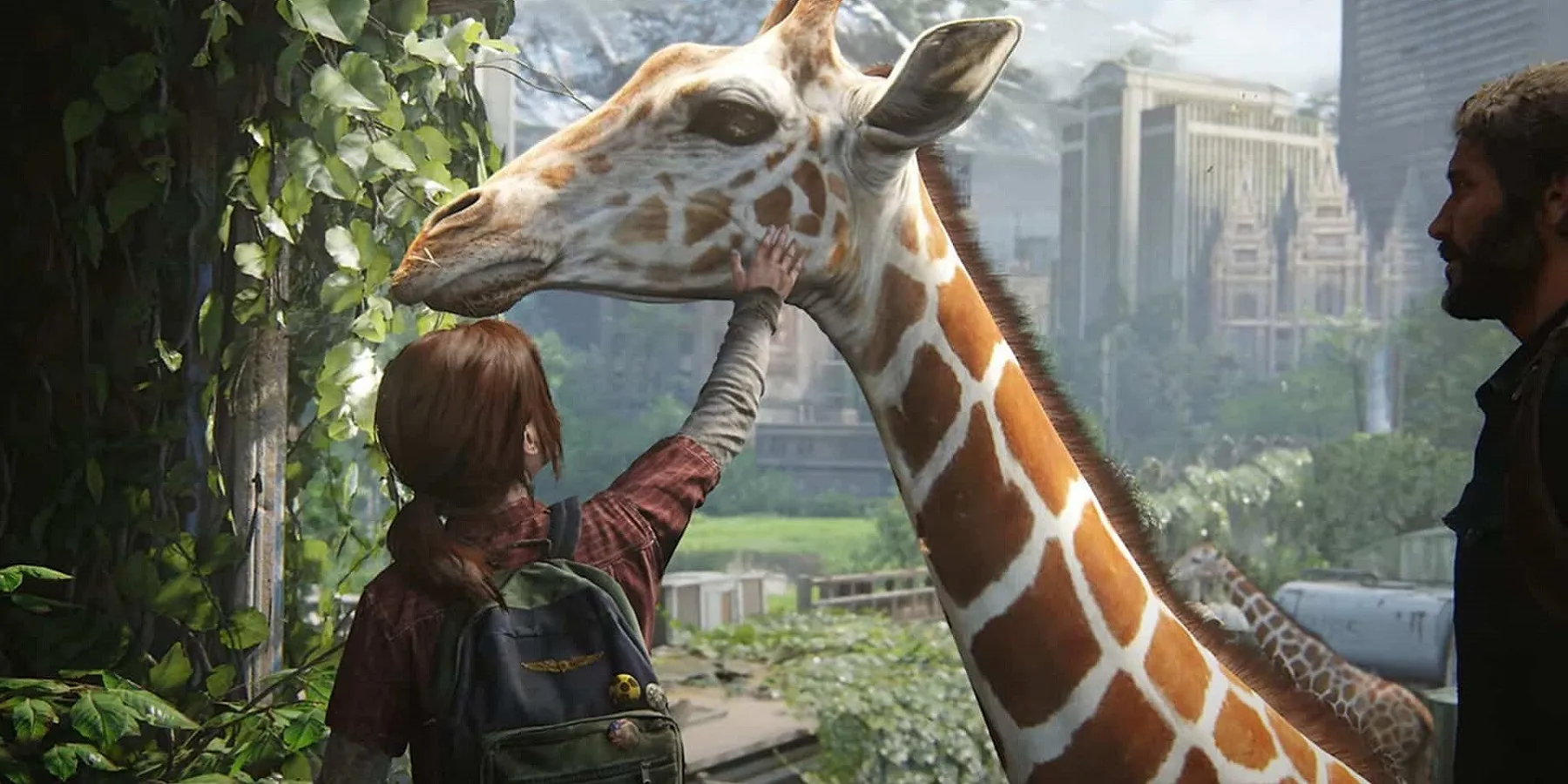 Ellie caressant une girafe dans The Last of Us Part I