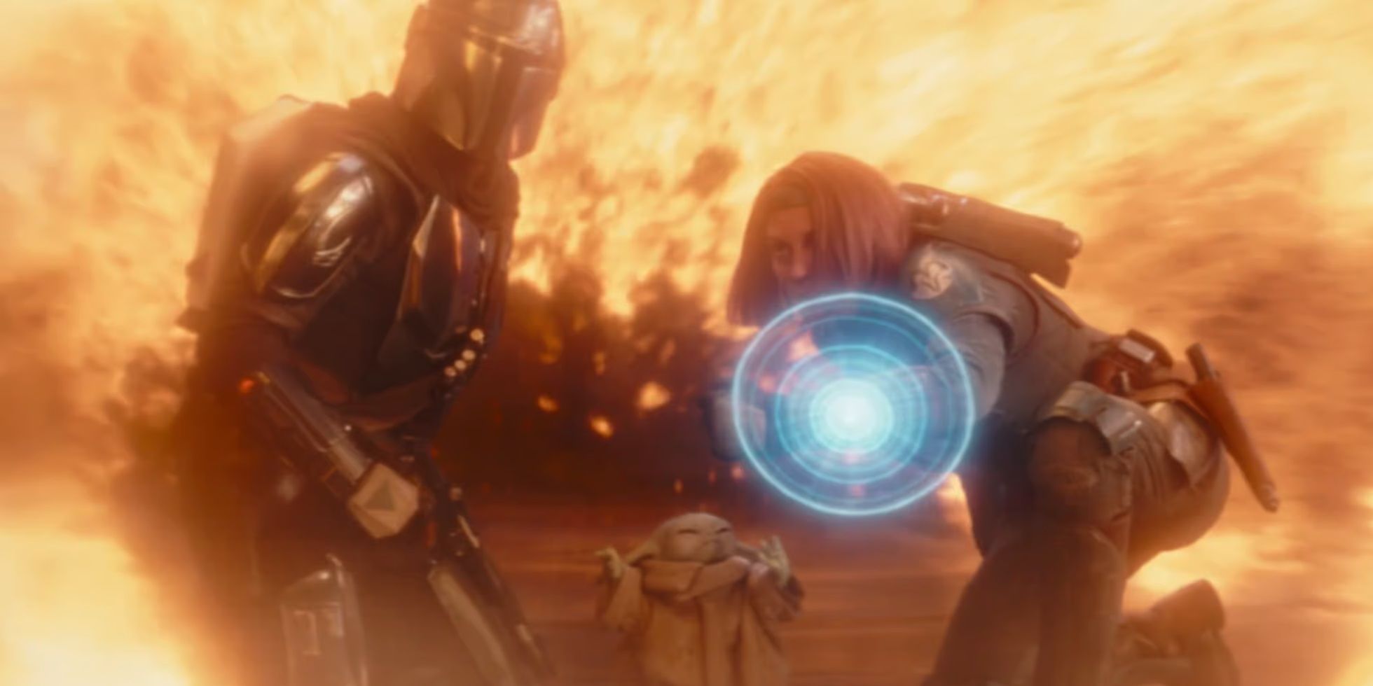 Grogu shields Mando and Bo-Katan from an explosion in The Mandalorian season 3 finale