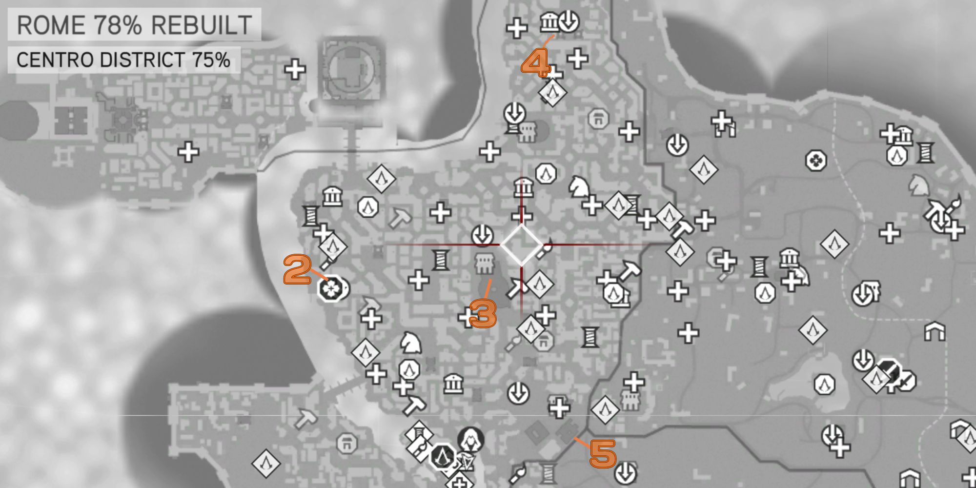 Mappa delle posizioni dei Glifi nel Distretto di Centro di Assassin's Creed Brotherhood