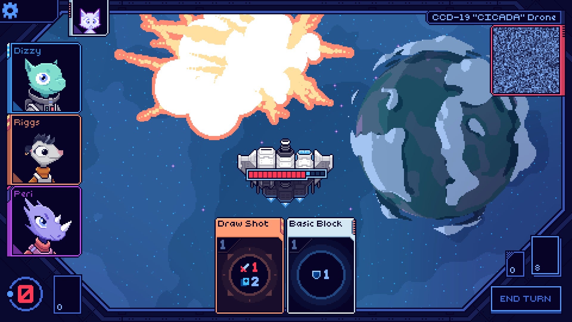 Скриншот из Cobalt Core. Пиксельный космический корабль только что уничтожил еще один космический корабль. Большой пиксельный взрыв. Пиксель-урра!