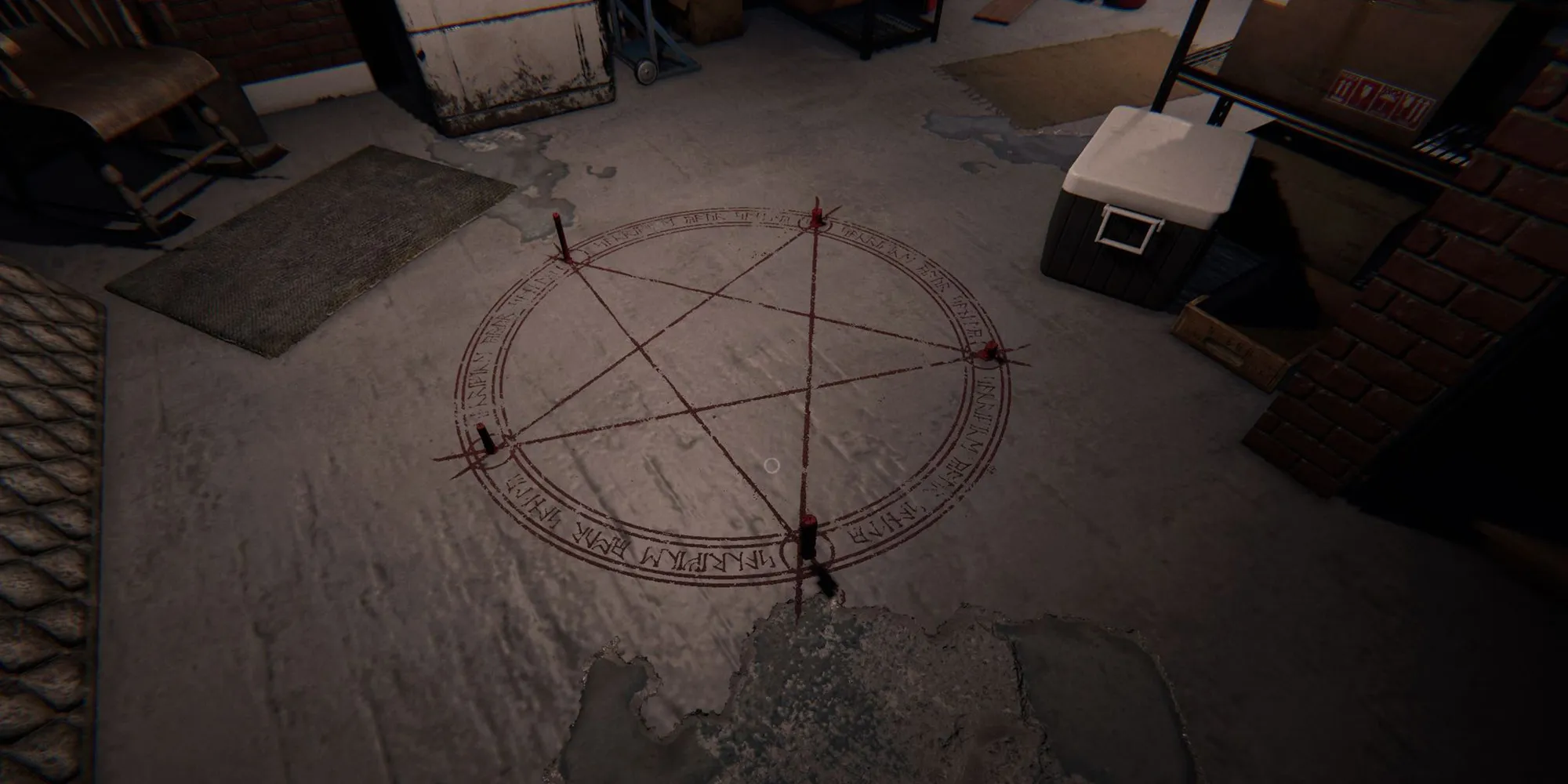 Image depicts a red summoning circle in the centre of a room in Tanglewood Drive in Phasmophobia.