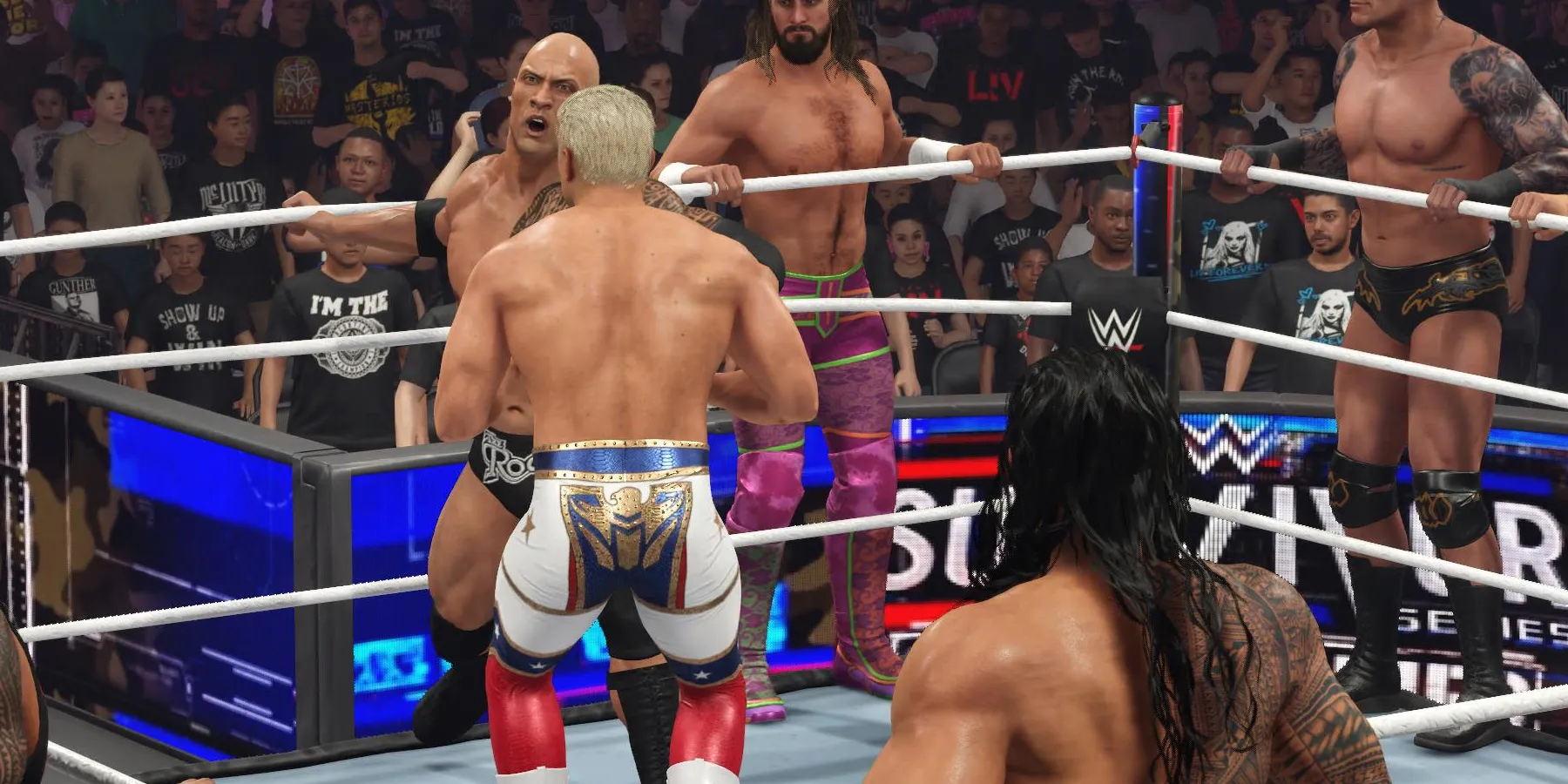 WWE 2K24 Survivor Series Match Rock che colpisce Cody