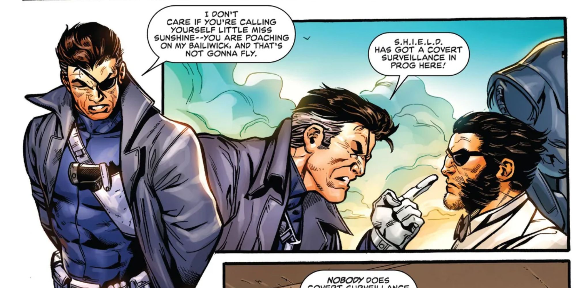 Nick Fury discutiendo con Logan en los cómics