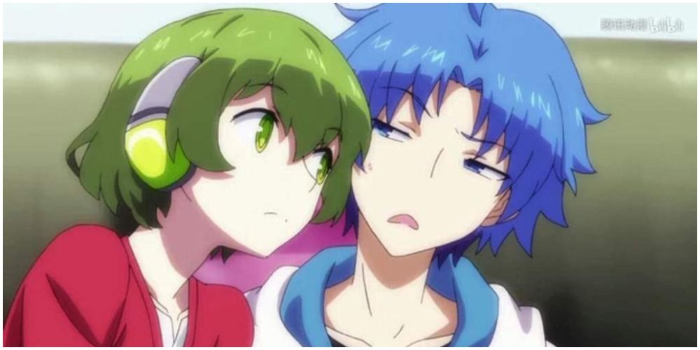 緑の髪の少年が青い髪の少年に寄りかかっている