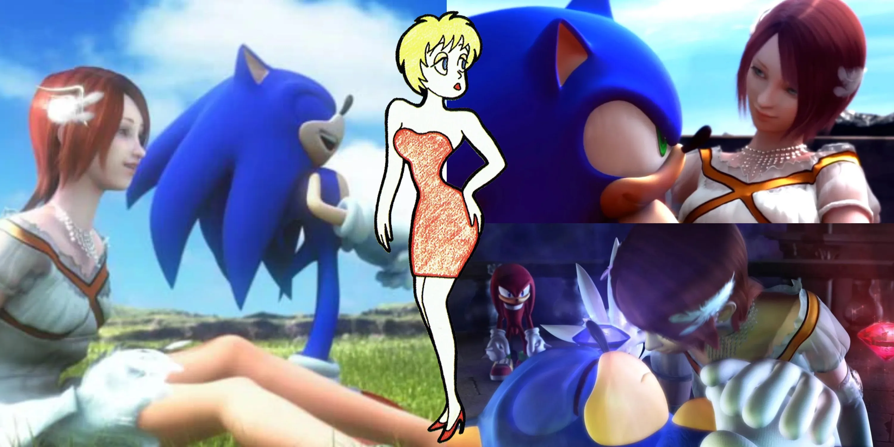 various screenshots of sonic and princess Elise, with abandoned concept art for the character