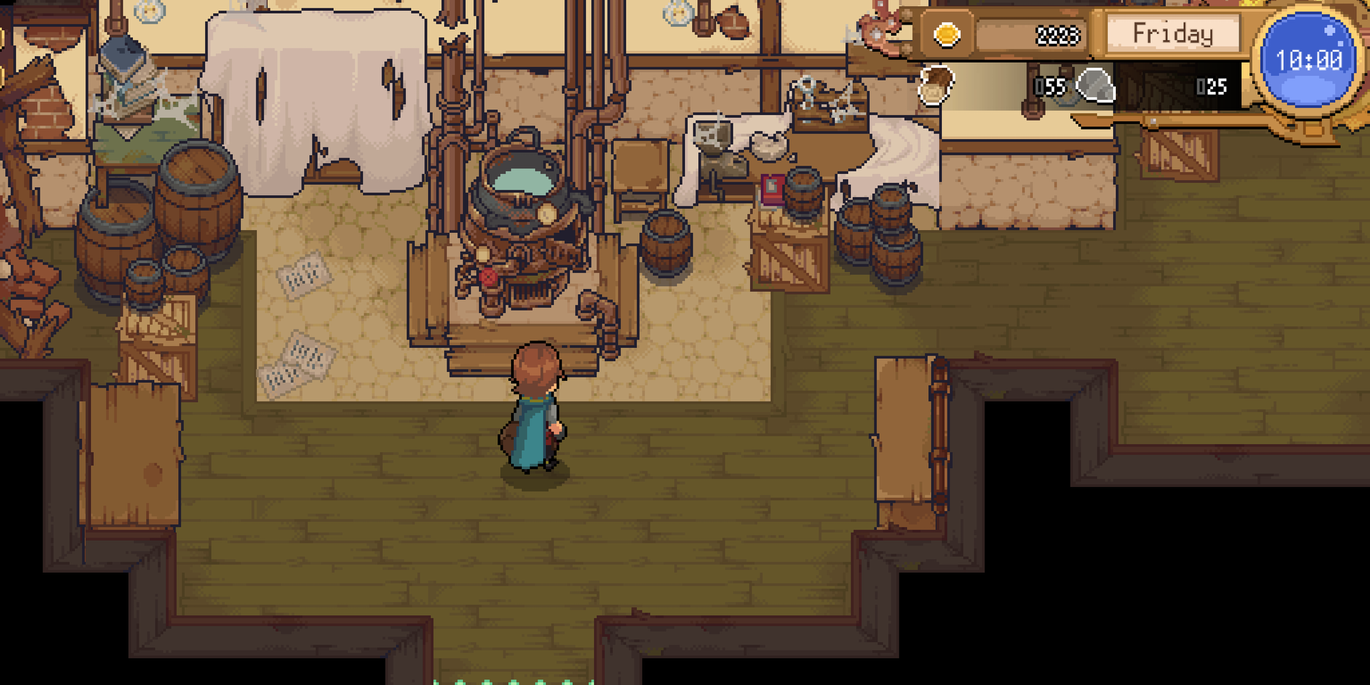 The player standing with a cauldron in front of them in Potion Permit