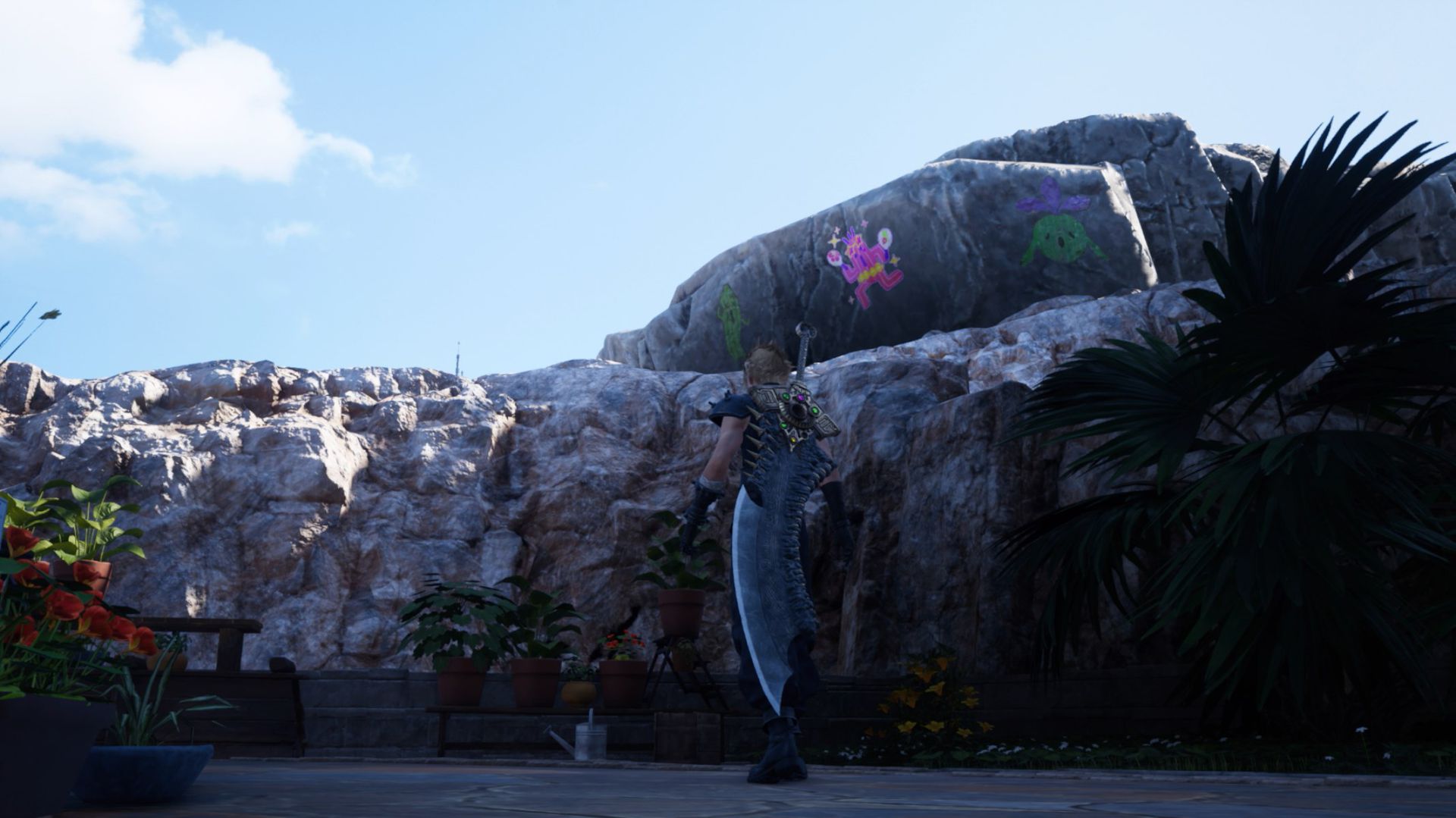 Un Cactuar rose et beachy sur un rocher avec d'autres Cactuars peints dessus dans FF7 Rebirth.