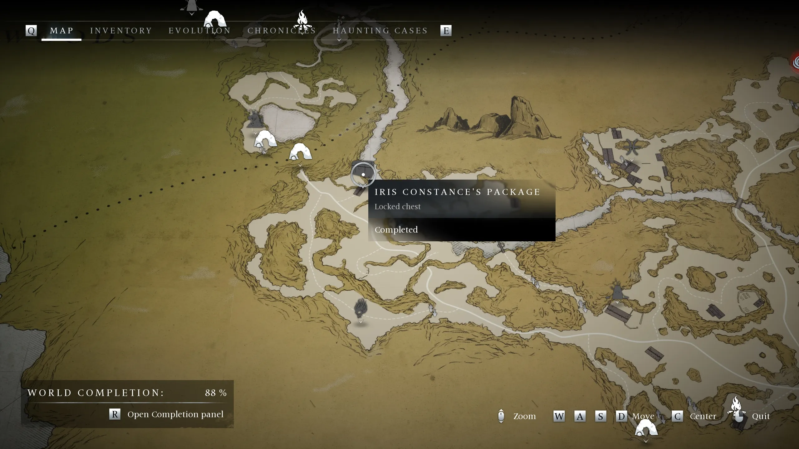 배니셔의 유령들의 아이리스 콘스탄스 패키지 잠긴 상자의 위치를 보여주는 지도