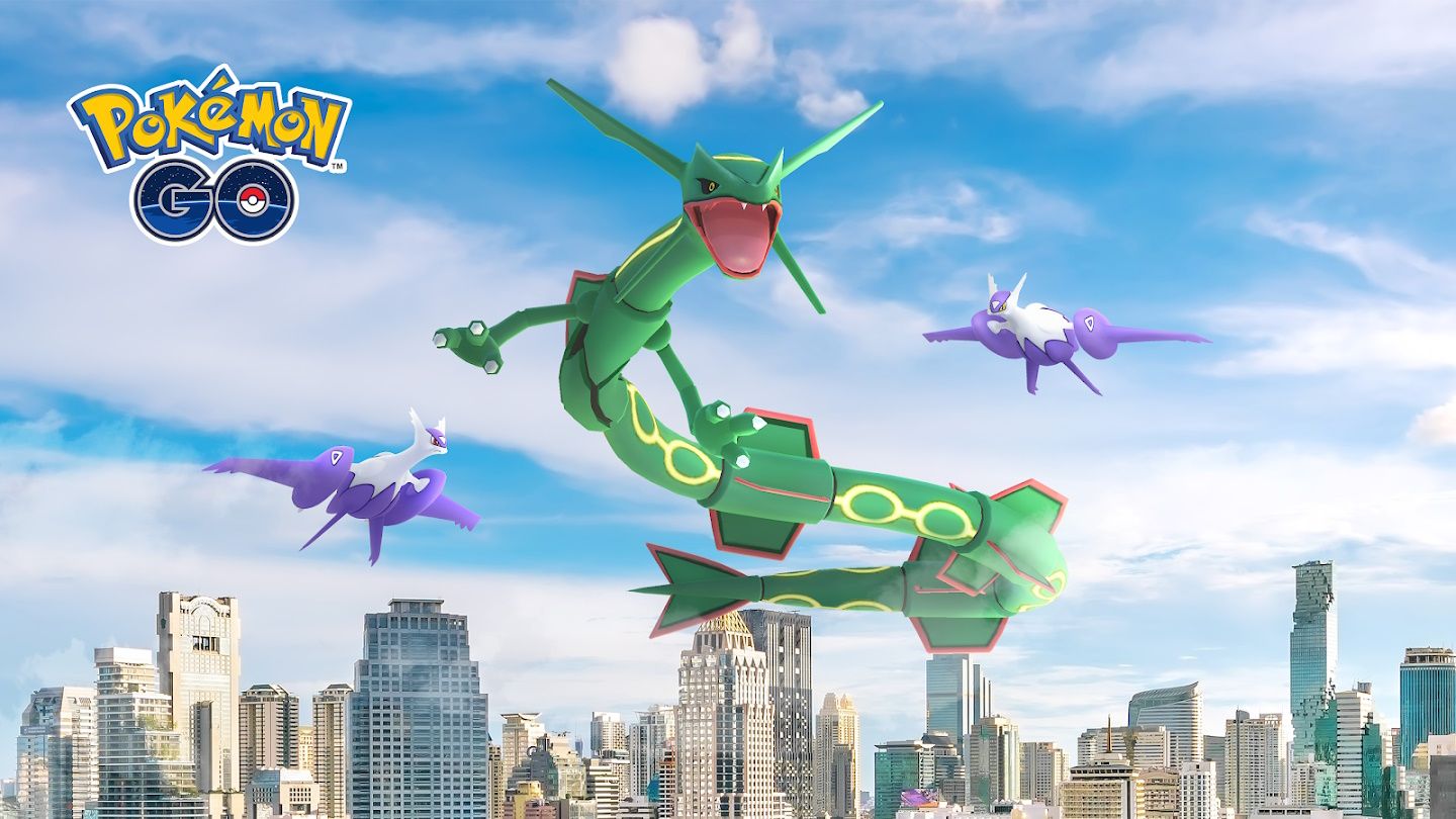 Immagine di Mega Latios, Rayquaza e Mega Latias che volano nel cielo sopra una città