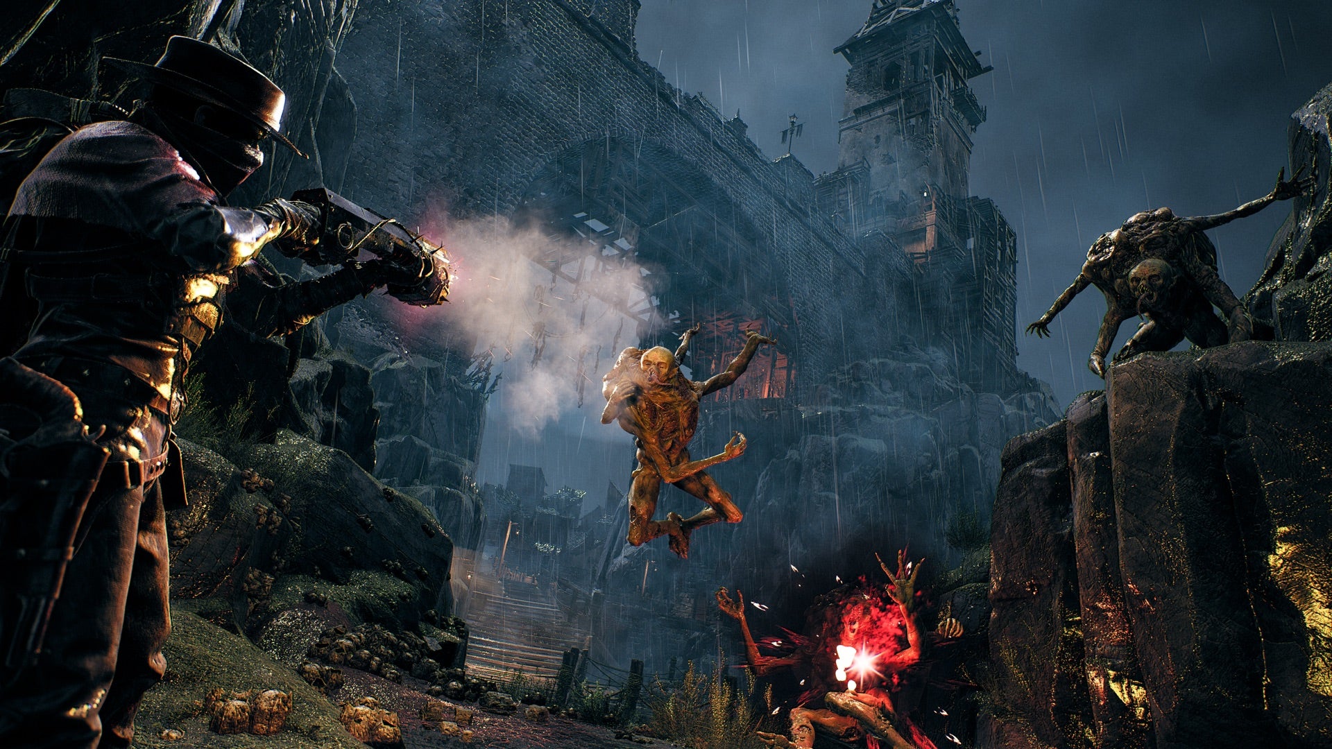 Uno screenshot del DLC The Awakened King di Remnant 2 che mostra un giocatore che attacca nemici apparentemente anfibi mentre un imponente castello incombe sopra di loro.