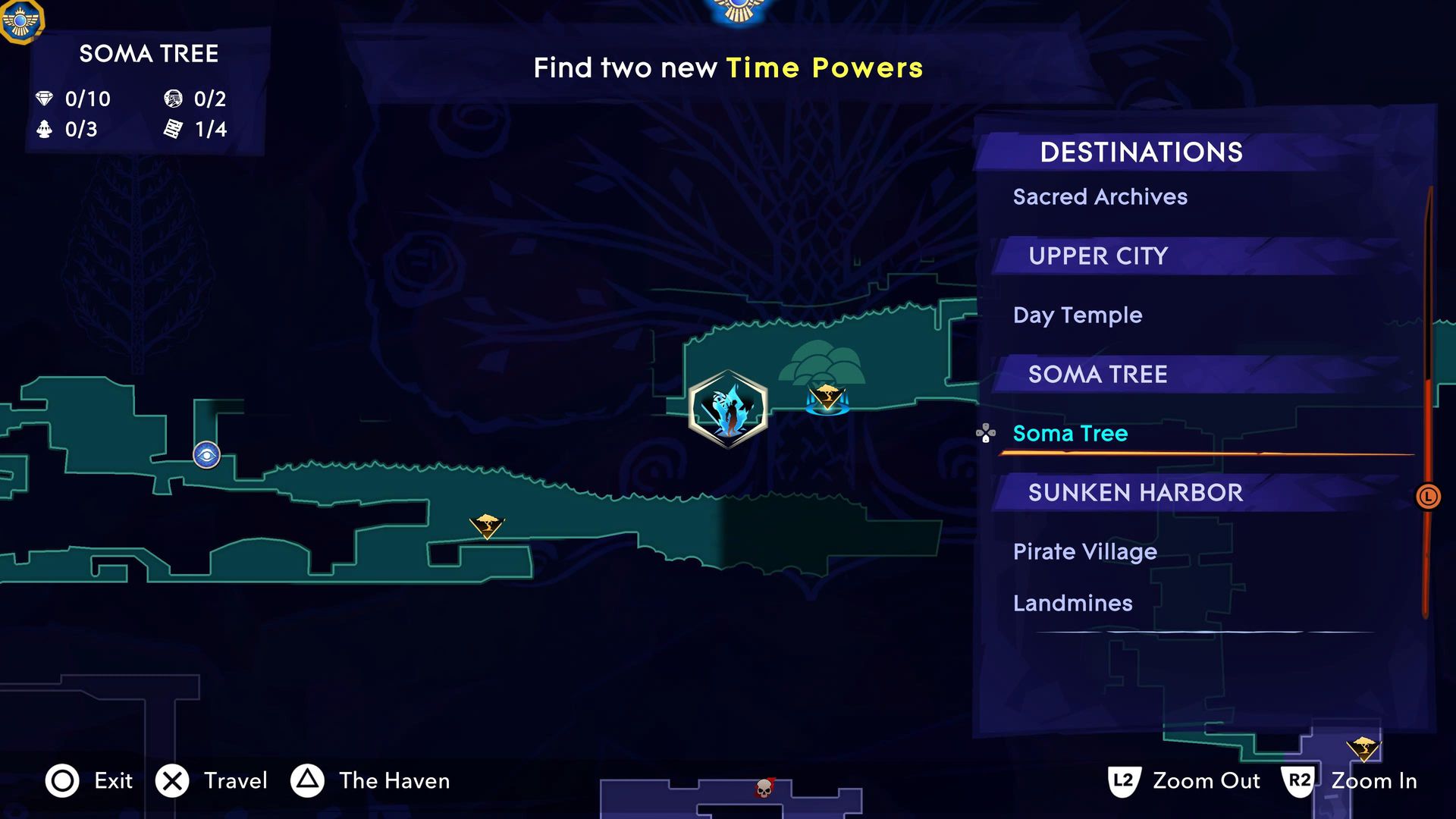 Um mapa mostra a localização do ponto de viagem rápida Soma Tree em Prince of Persia The Lost Crown.