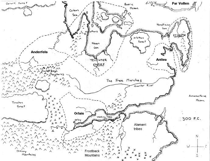 Une carte esquissée en noir et blanc de ce qui deviendrait Thédas, le monde de Dragon Age