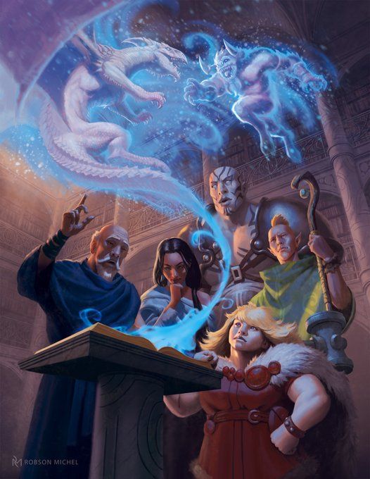 Un grupo de aventureros se reúne alrededor de un mago convocando desde un libro