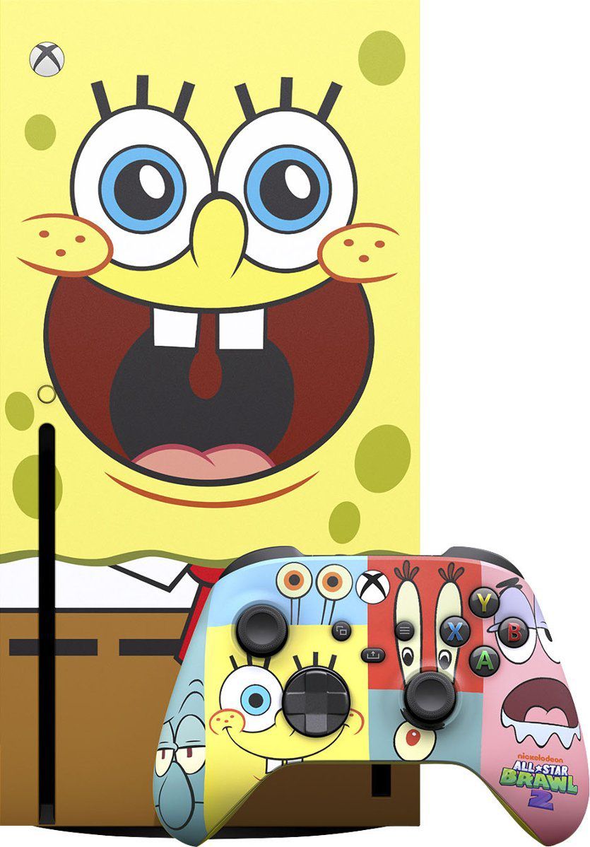 An Xbox Series X decorated to look like a smiling SpongeBob SquarePants, next to an Xbox controller decorated with the faces of SpongeBob, Mr. Krabs, Squidward, and Patrick.