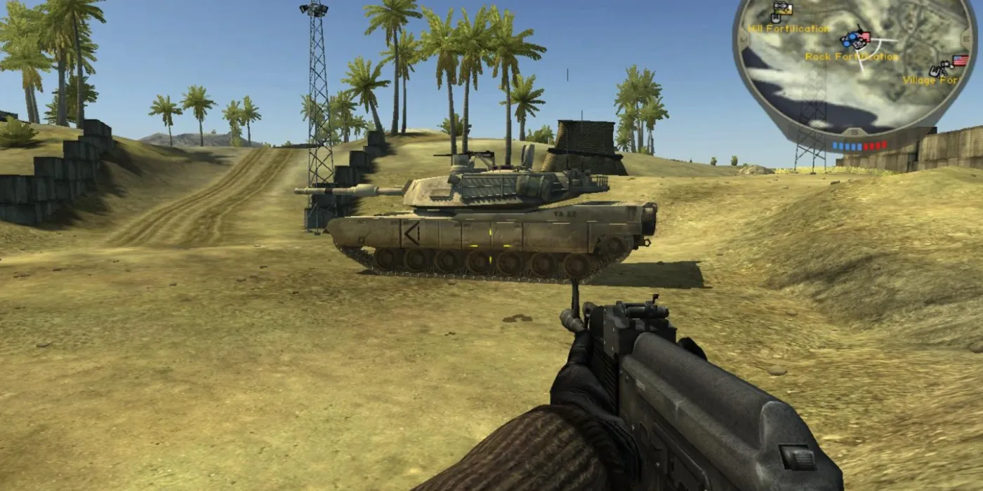 Battlefield 2 player holding a gun in a desert while facing a tank