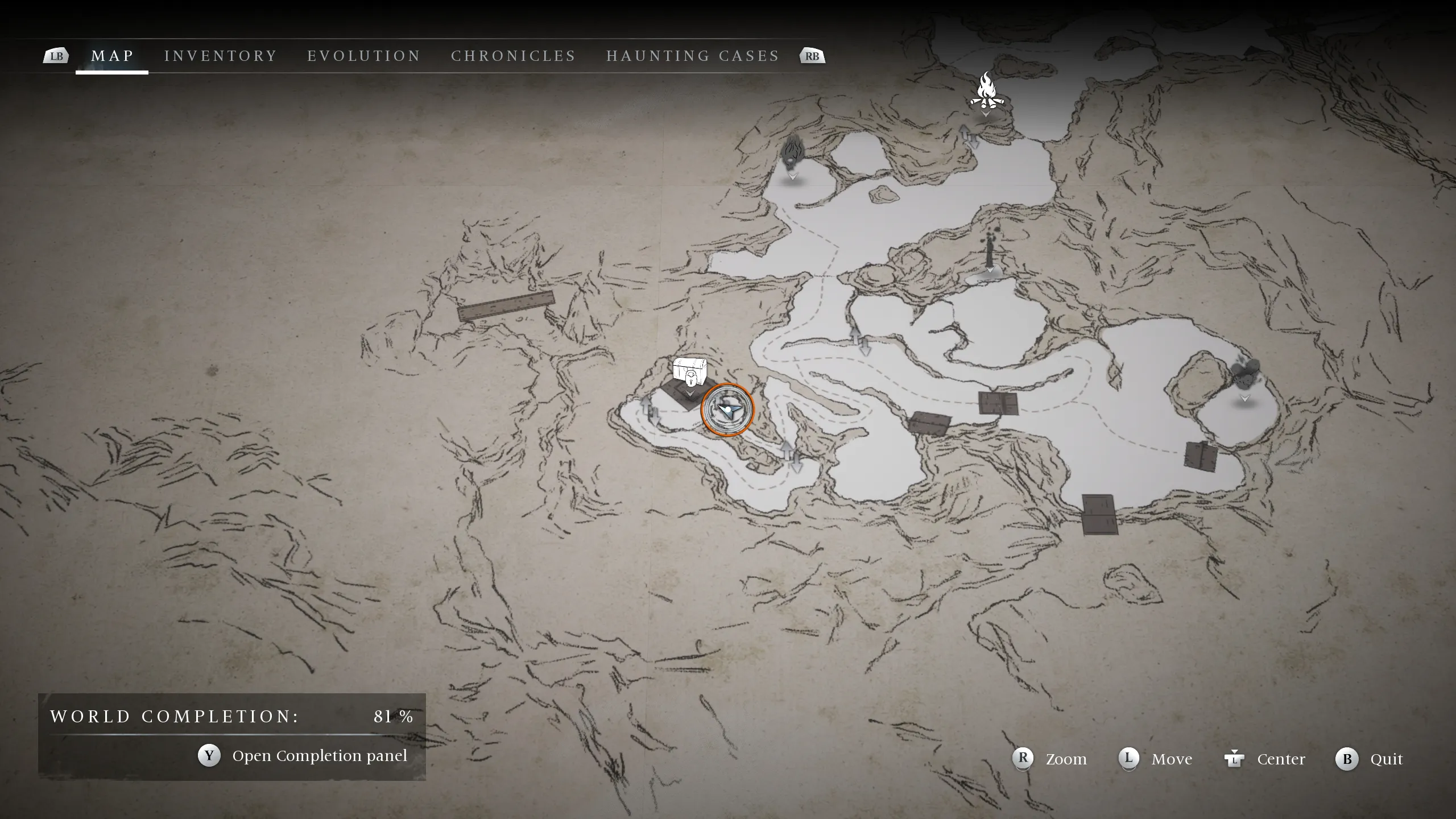 Un cerchio sulla mappa che indica la posizione della Chiave della Cassa del Cacciatore - Banishers Ghosts of New Eden