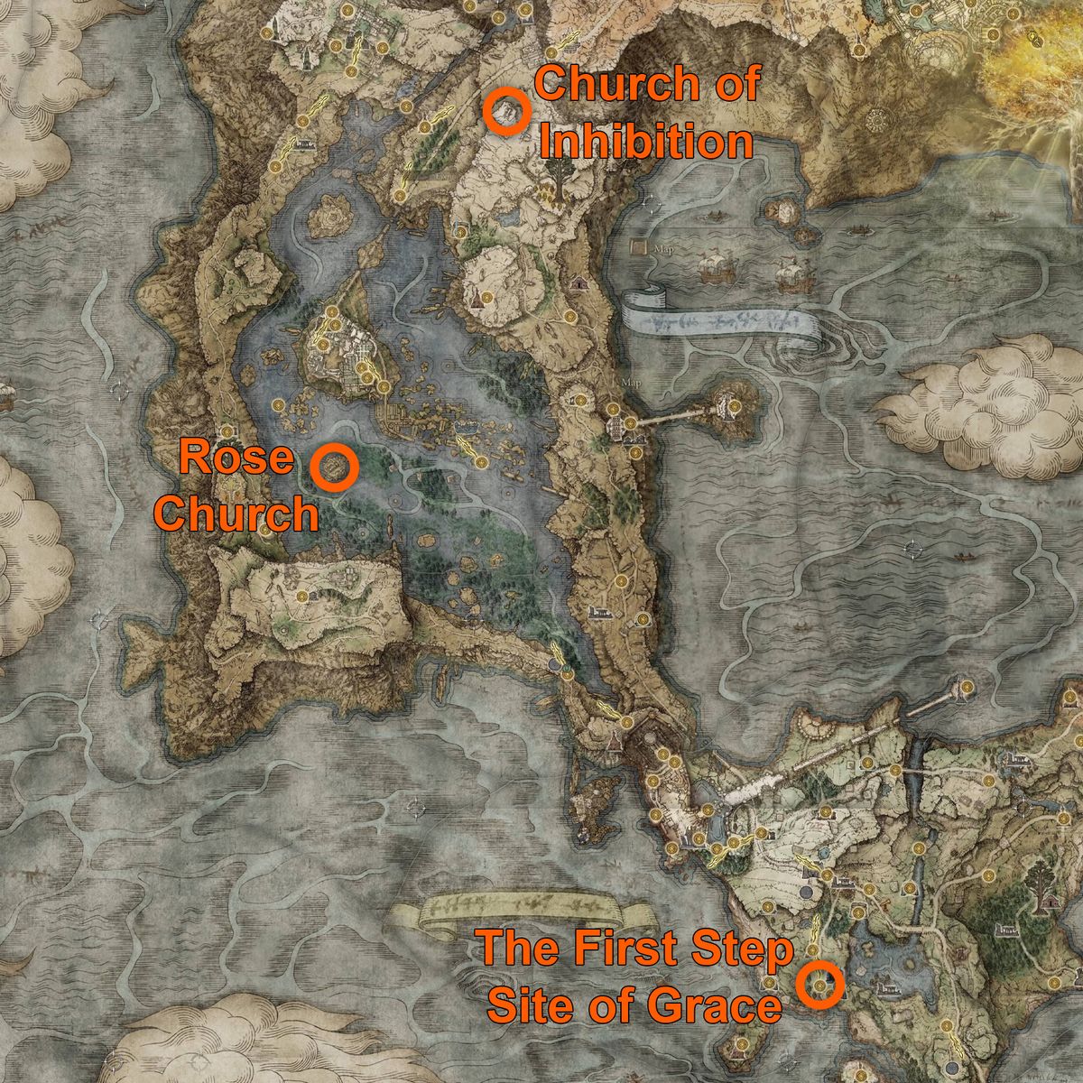 Carte des emplacements clés de la quête Varre dans Elden Ring