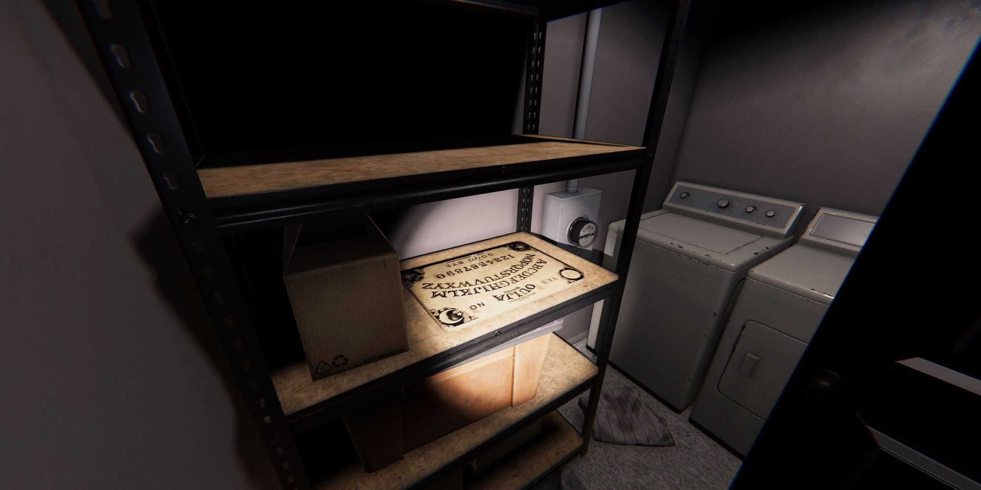 Image depicts a Ouija Board on some shelves in a utility room in Ridgeview Court in Phasmophobia.