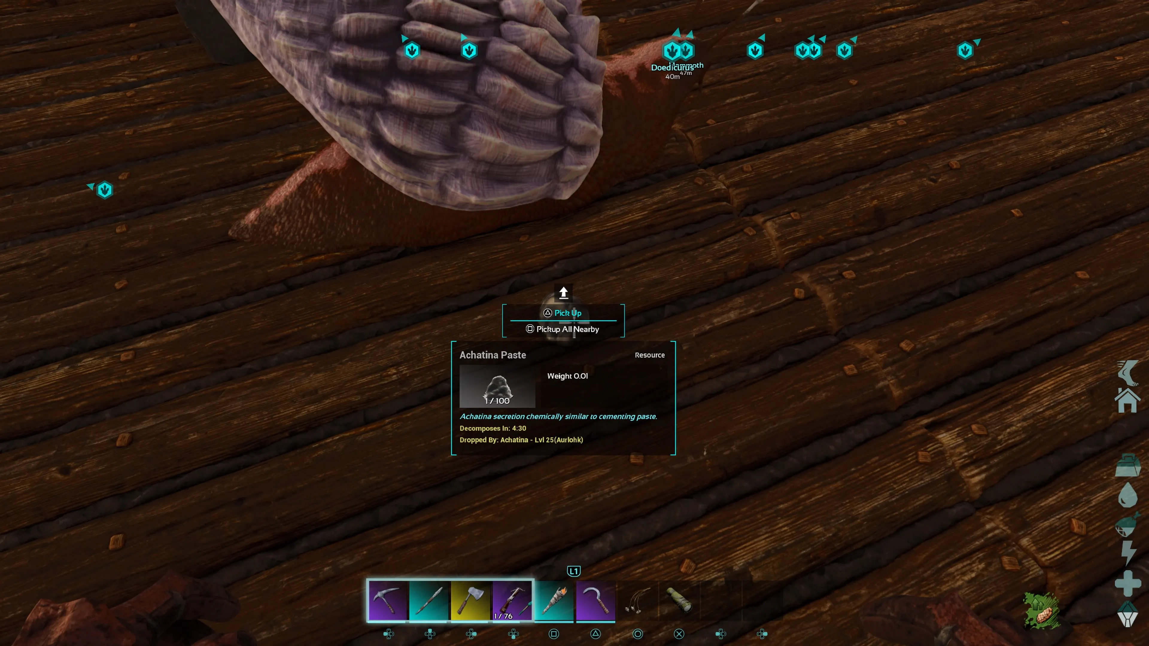 Personaje del jugador mirando hacia abajo un trozo de Achatina Paste dejado por una Achatina sobre un suelo de madera en Ark: Survival Ascended