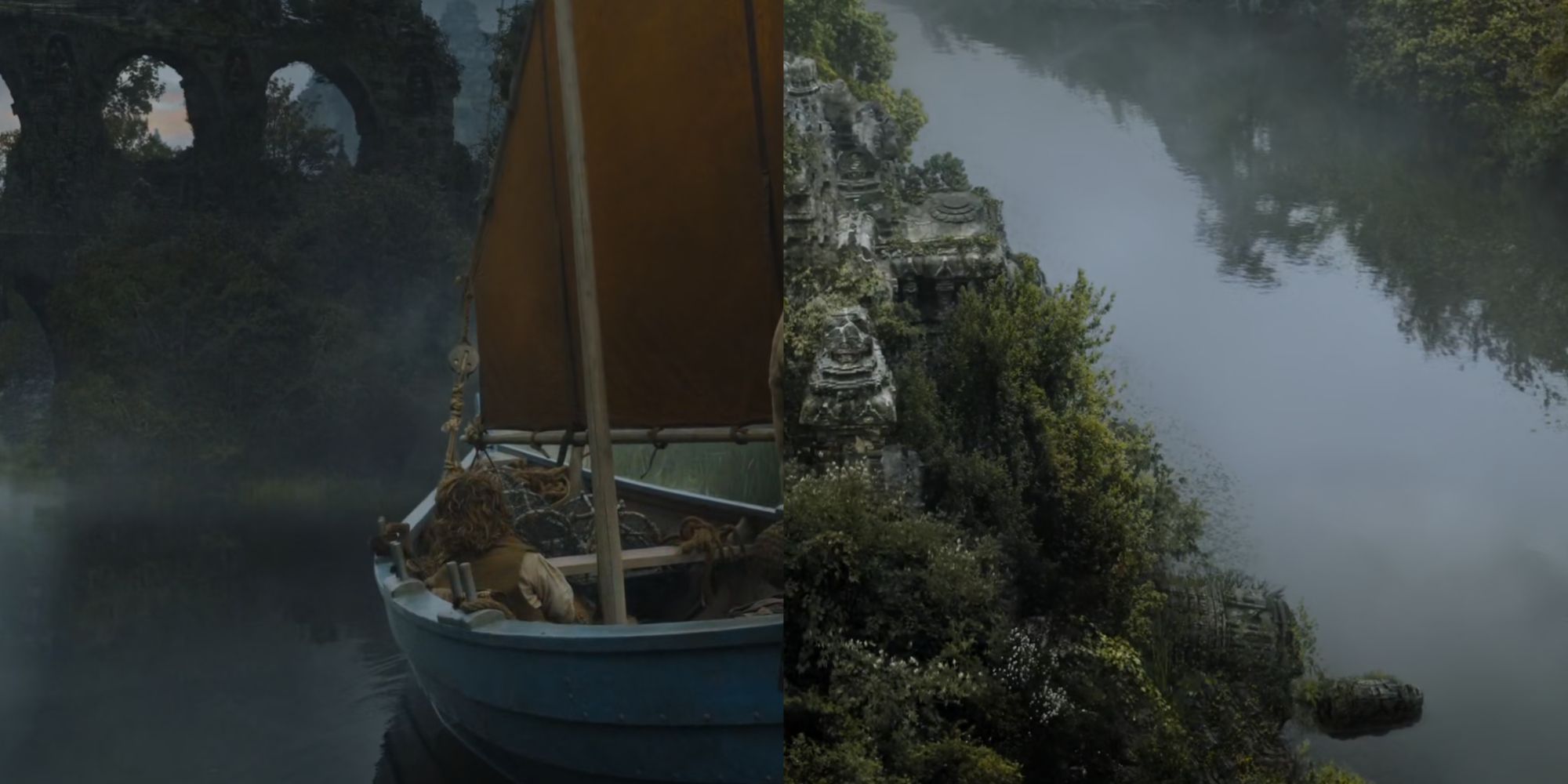 Immagine divisa che mostra Tyrion e Ser Jorah navigare tra le rovine di Valyria in Game of Thrones.