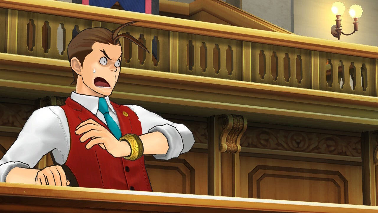 Captura de pantalla de la Trilogía de Apollo Justice mostrando a Apollo Justice ofendido en la corte