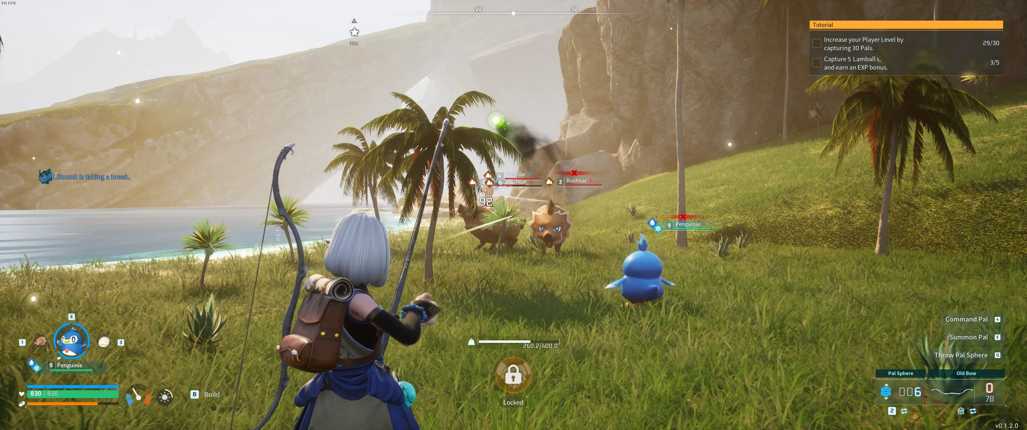 パルワールド：プレイヤーキャラクターがラッシュボアの群れと戦い、レザーを収穫している画像