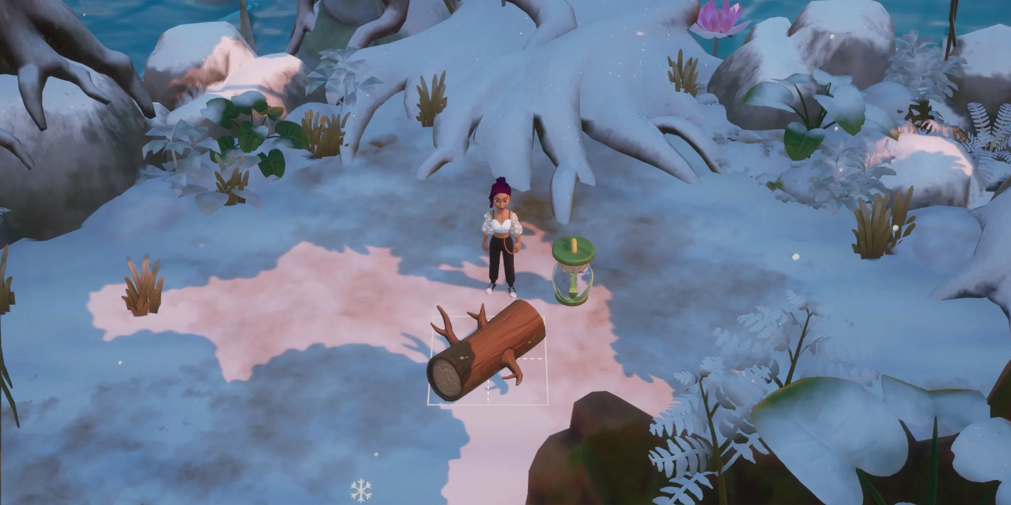 Coral Island : Le personnage du joueur se tient à côté d'un piège à petites créatures volantes
