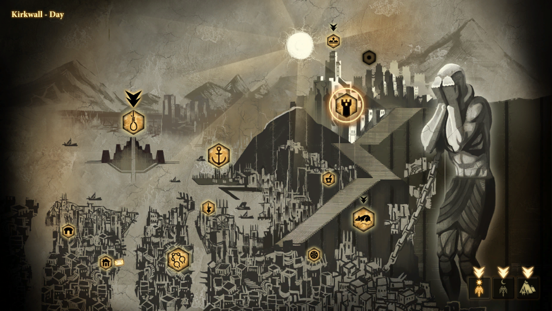 Une illustration de côté d'une ville fortifiée avec une montagne en arrière-plan. C'est Kirkwall de Dragon Age 2.